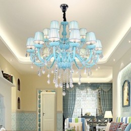 European Large Crystal Chandelier Blue Colour Pendant Light