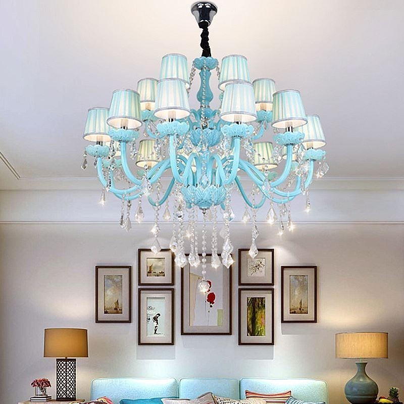 European Large Crystal Chandelier Blue Colour Pendant Light