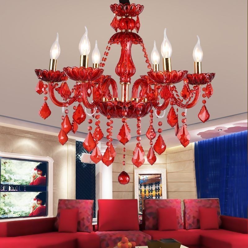 European Elegant Crystal Chandelier Red Colour Pendant Light