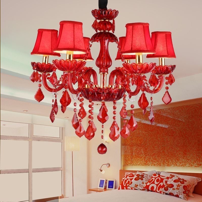 European Elegant Crystal Chandelier Red Colour Pendant Light