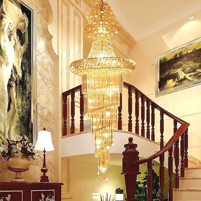 Luxury Crystal Chandelier Modern European Graceful Long Pendant Duplex Staircase