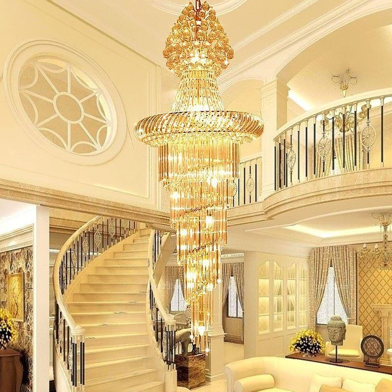 Luxury Crystal Chandelier Modern European Graceful Long Pendant Duplex Staircase