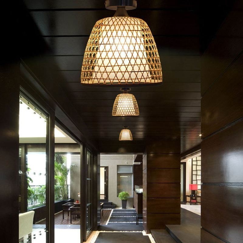 Bamboo Semi Flush Mount Creative Round Ceiling Light Vestibule Lighting