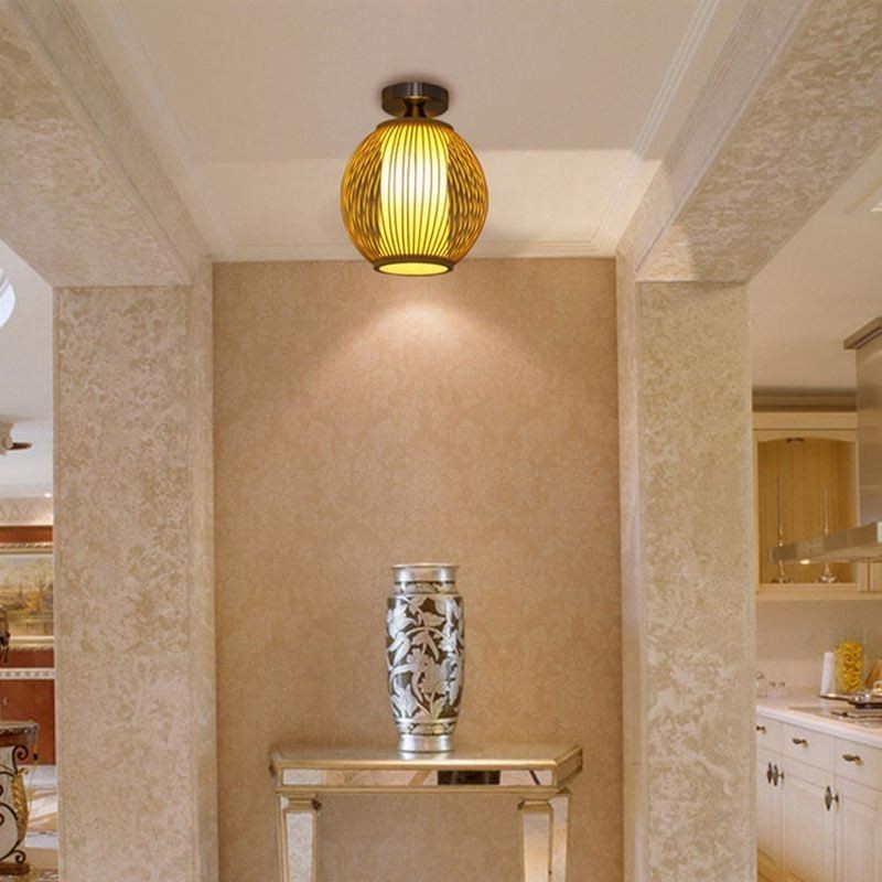 Unique Semi Flush Mount Creative Round Bamboo Ceiling Light Porch Lighting