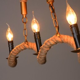Candle Hemp Chandelier Vintage Pendant Wrought Iron Wave Hemp Rope Chandelier
