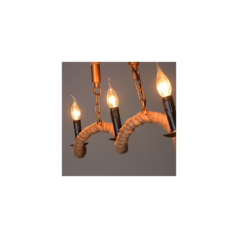 Candle Hemp Chandelier Vintage Pendant Wrought Iron Wave Hemp Rope Chandelier