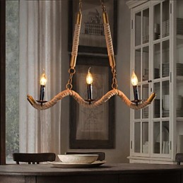Candle Hemp Chandelier Vintage Pendant Wrought Iron Wave Hemp Rope Chandelier