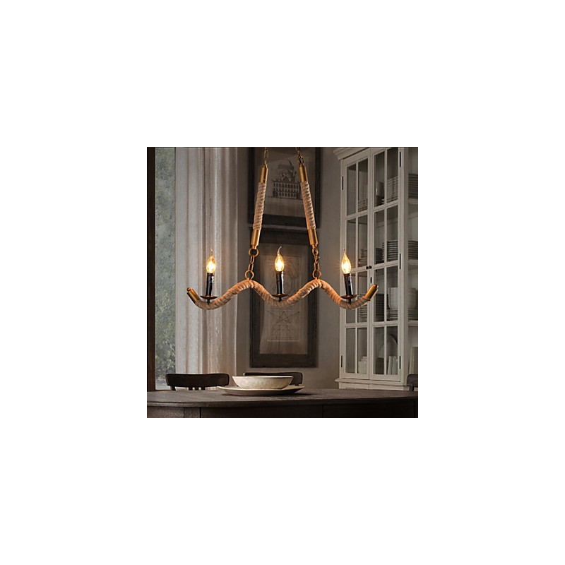Candle Hemp Chandelier Vintage Pendant Wrought Iron Wave Hemp Rope Chandelier