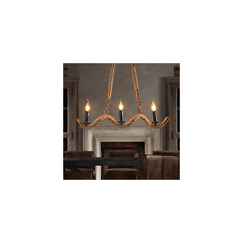 Candle Hemp Chandelier Vintage Pendant Wrought Iron Wave Hemp Rope Chandelier