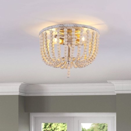 Farmhouse Wood Beaded Flush Mount Celling Light 3 Light Fixture