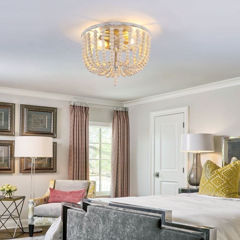 Farmhouse Wood Beaded Flush Mount Celling Light 3 Light Fixture