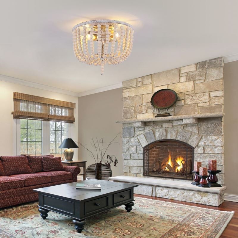 Farmhouse Wood Beaded Flush Mount Celling Light 3 Light Fixture