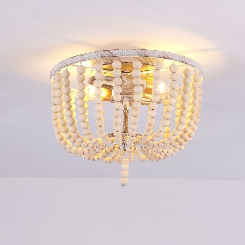 Farmhouse Wood Beaded Flush Mount Celling Light 3 Light Fixture