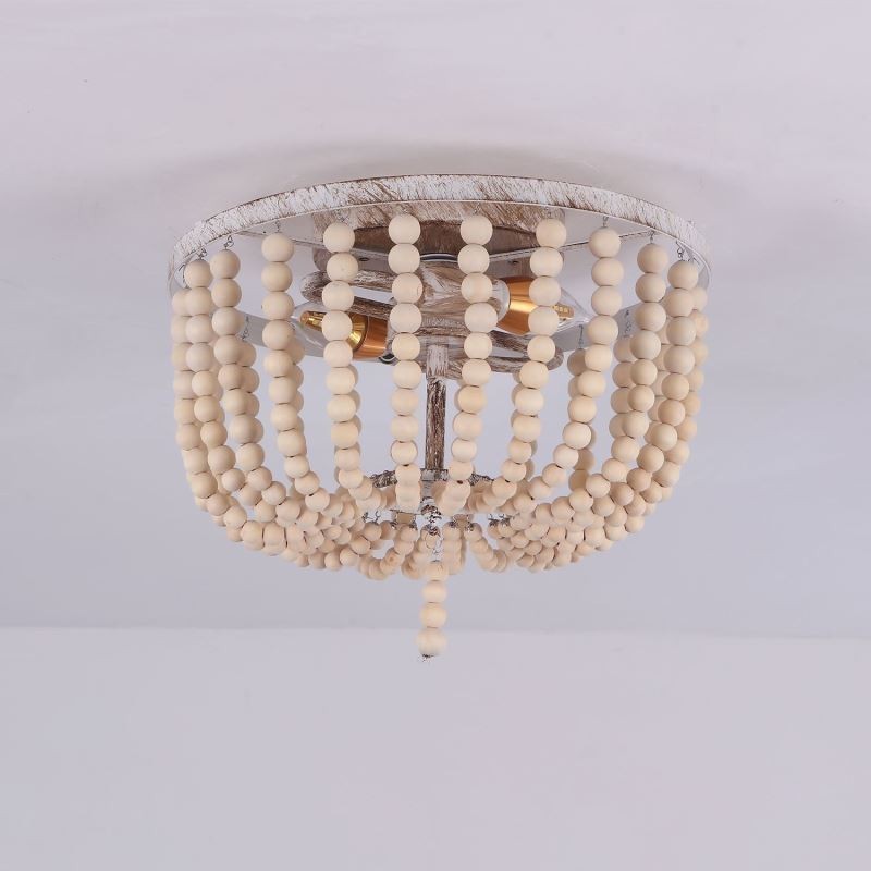 Farmhouse Wood Beaded Flush Mount Celling Light 3 Light Fixture