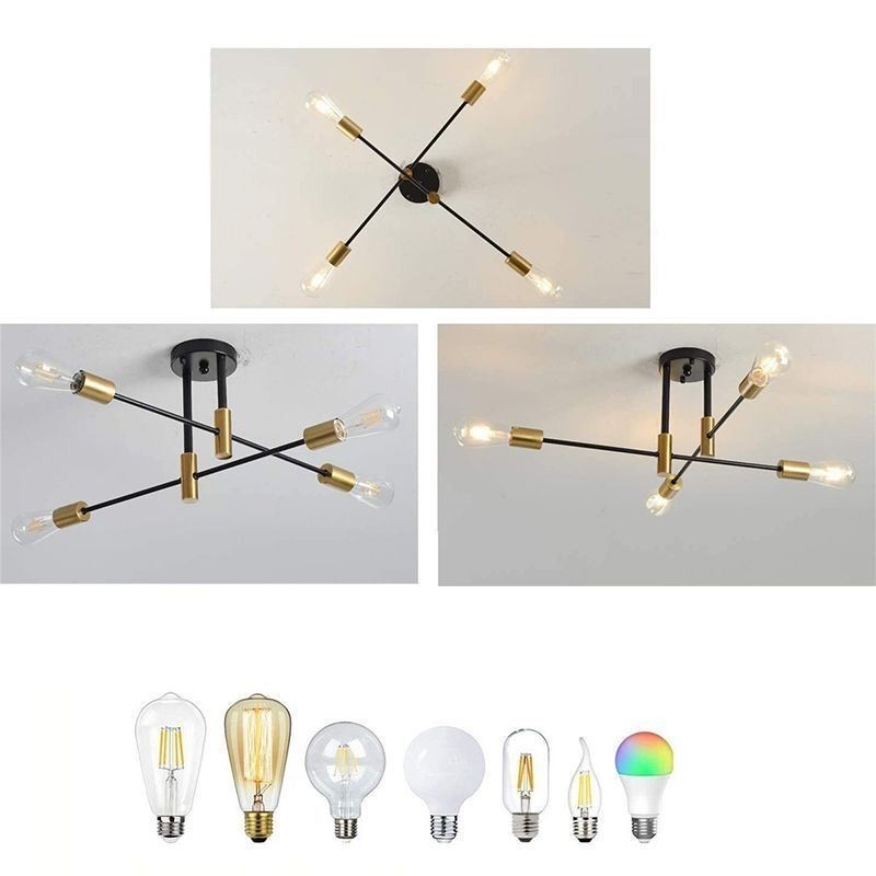 4 Lights Black Sputnik Chandelier Mid Century Semi Flush Mount Ceiling Light