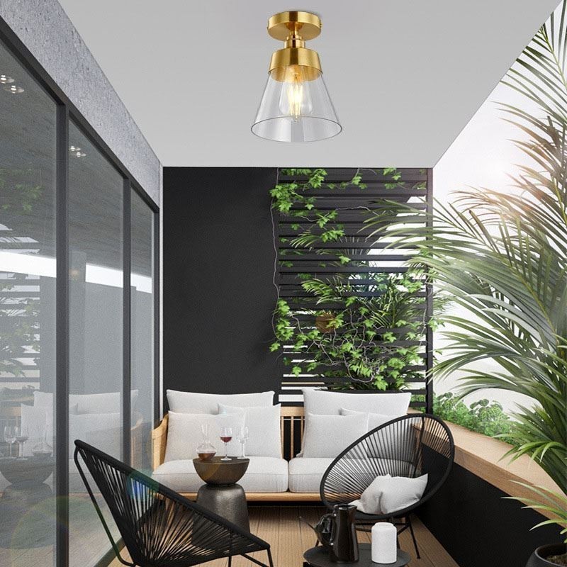 Contemporary Glass Flush Ceiling Light 1 Light Brass Finish