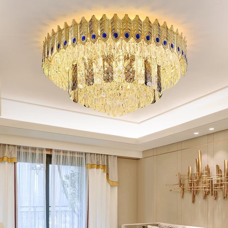 Crystal Flush Mount Round Electroplated Phoenix Tail Gold Luxury Decrative Ceiling Light