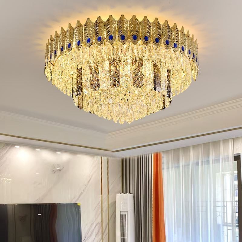 Crystal Flush Mount Round Electroplated Phoenix Tail Gold Luxury Decrative Ceiling Light