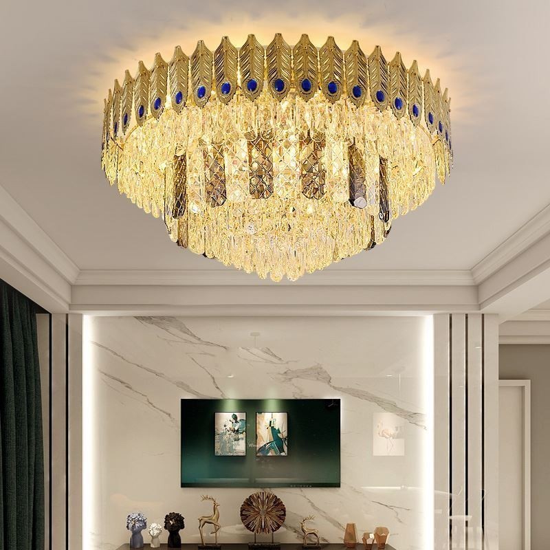 Crystal Flush Mount Round Electroplated Phoenix Tail Gold Luxury Decrative Ceiling Light