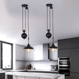 Industrial Farmhouse Pulley Pendant Light Retractable Design Adjustable Height