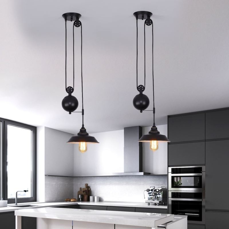 Industrial Farmhouse Pulley Pendant Light Retractable Design Adjustable Height