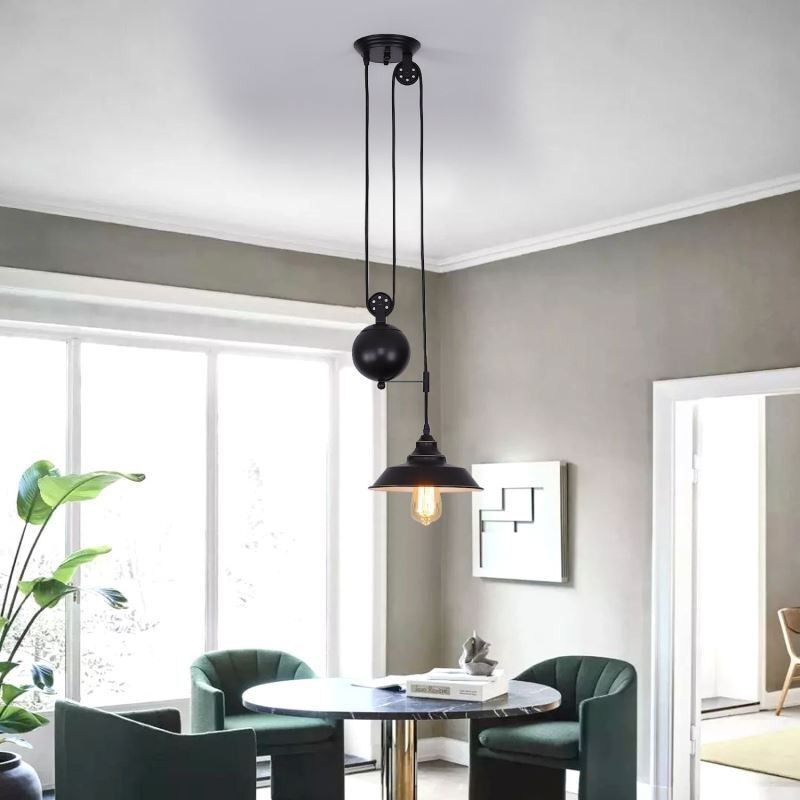 Industrial Farmhouse Pulley Pendant Light Retractable Design Adjustable Height