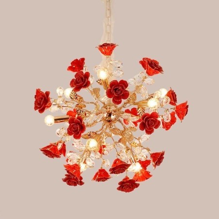 Luxury Pendant Light Ceramic Red Flower Chandelier