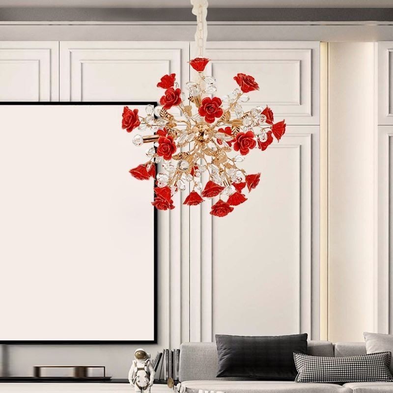 Luxury Pendant Light Ceramic Red Flower Chandelier