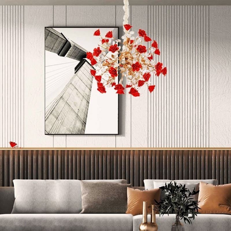 Luxury Pendant Light Ceramic Red Flower Chandelier