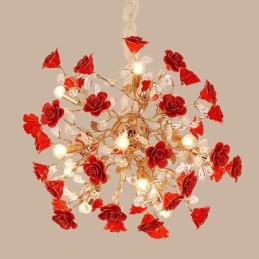 Luxury Pendant Light Ceramic Red Flower Chandelier