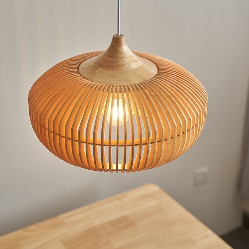 Wood Frame Pendant Light Pumpkin Shape Chandelier