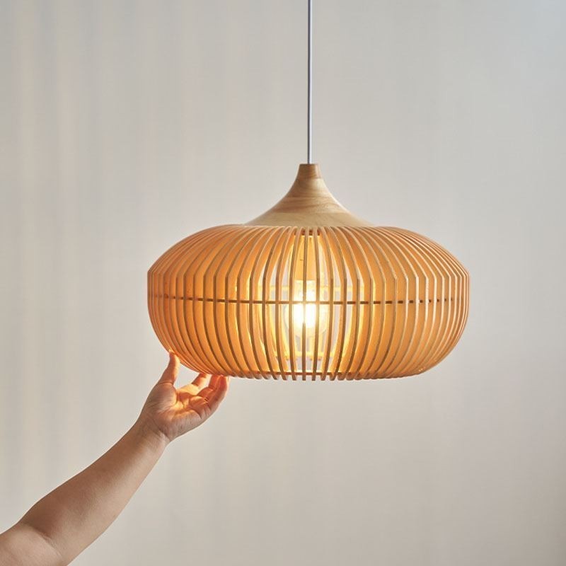 Wood Frame Pendant Light Pumpkin Shape Chandelier