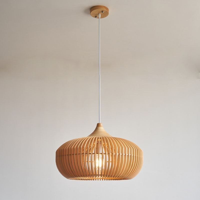 Wood Frame Pendant Light Pumpkin Shape Chandelier