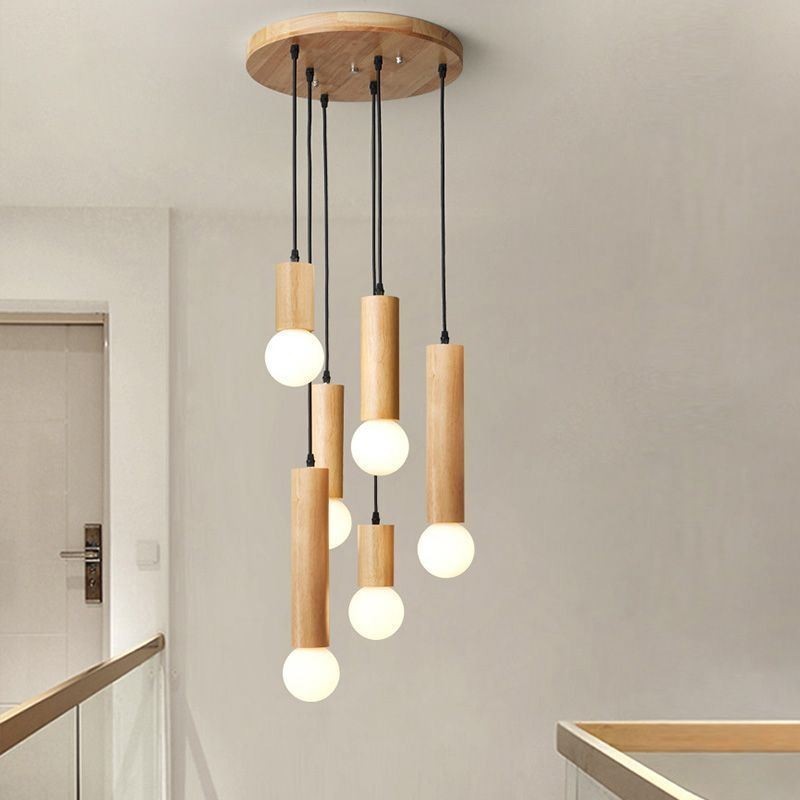 Japanese Wood Pendant Light 6 Lights Hanging Light
