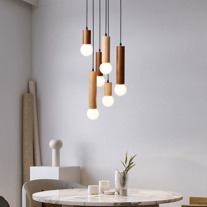 Japanese Wood Pendant Light 6 Lights Hanging Light