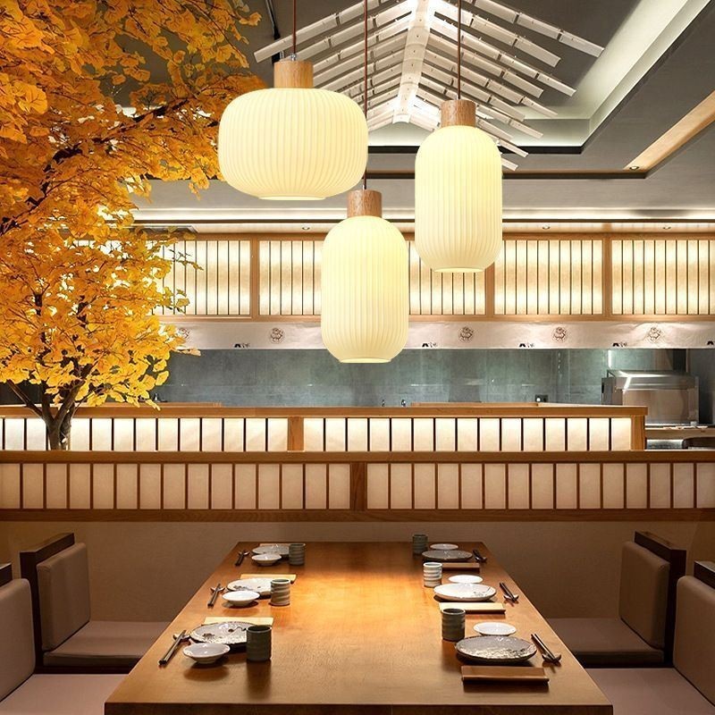 Japanese Wood Pendant Light Glass Lantern Hanging Light