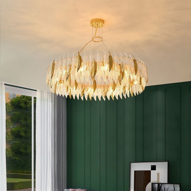 Artistic Glass Chandelier Feather Round Ceiling Light