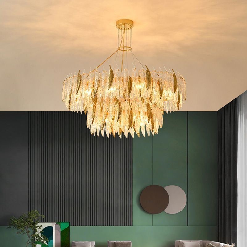 Artistic Glass Chandelier Feather Round Ceiling Light