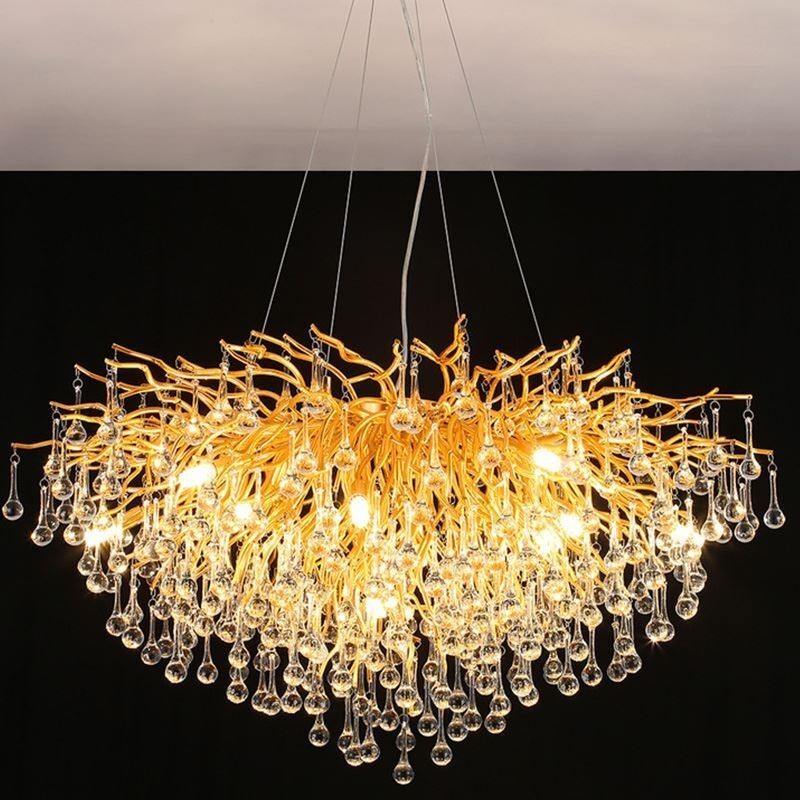 Nordic Crystal Chandelier Flower Round Shade Luxury Gold Pendant Light