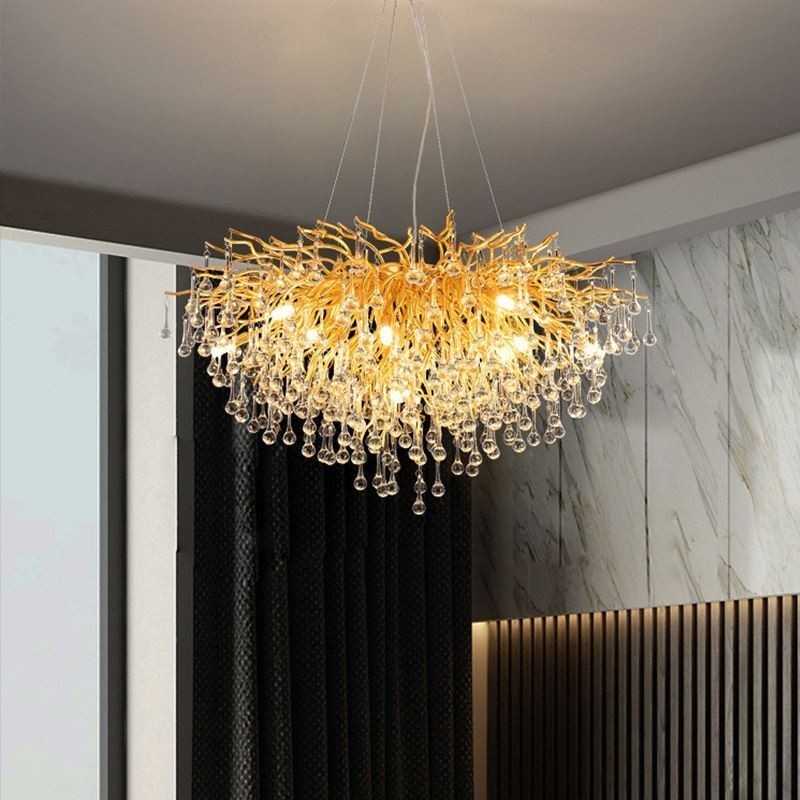 Nordic Crystal Chandelier Flower Round Shade Luxury Gold Pendant Light