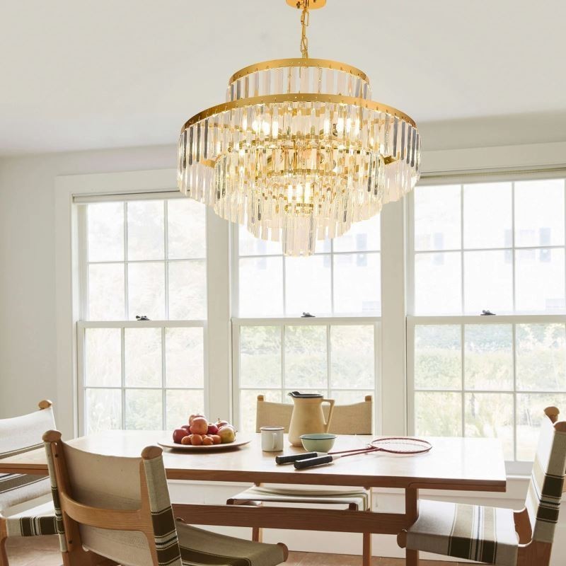 Gold Crystal Pendant Light 4 Tiers Ceiling Lighting 7 Lights