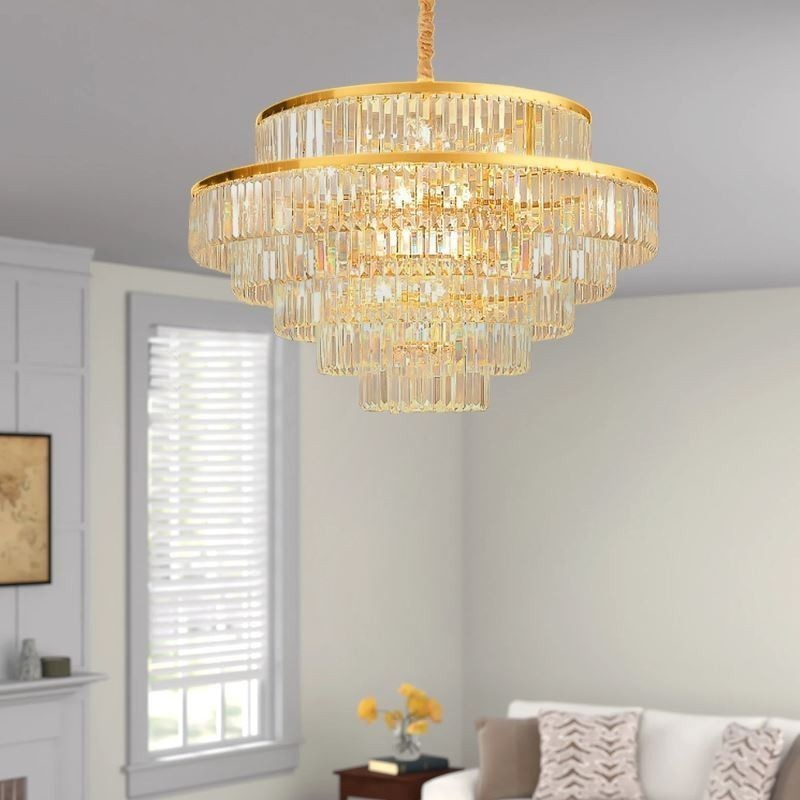 Gold Crystal Pendant Light 5 Tiers Ceiling Lighting 7 Lights