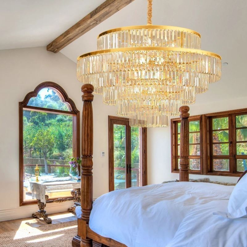 Gold Crystal Pendant Light 5 Tiers Ceiling Lighting 7 Lights