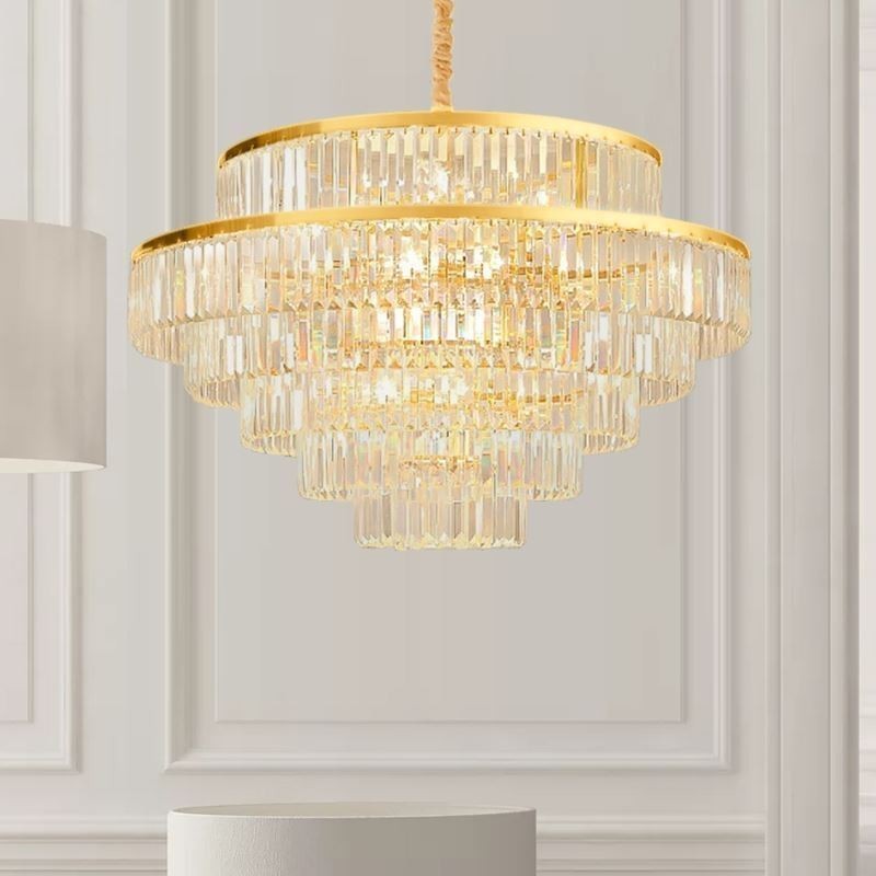 Gold Crystal Pendant Light 5 Tiers Ceiling Lighting 7 Lights