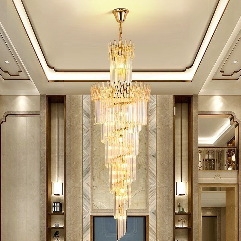European Crystal High Ceiling Pendant Light Stairs