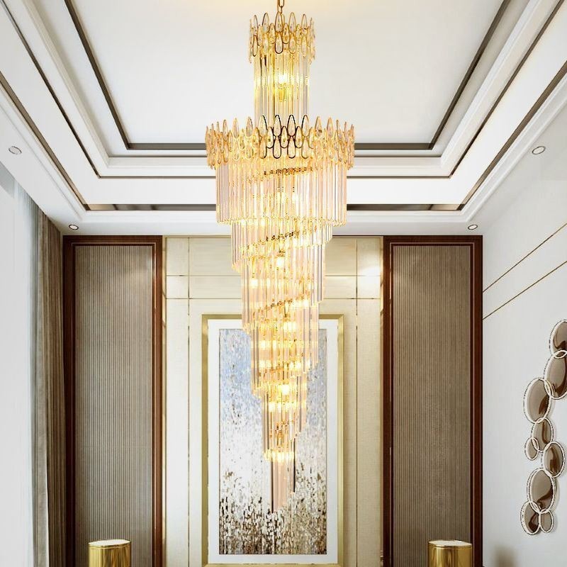 European Crystal High Ceiling Pendant Light Stairs