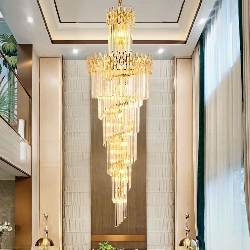 European Crystal High Ceiling Pendant Light Stairs