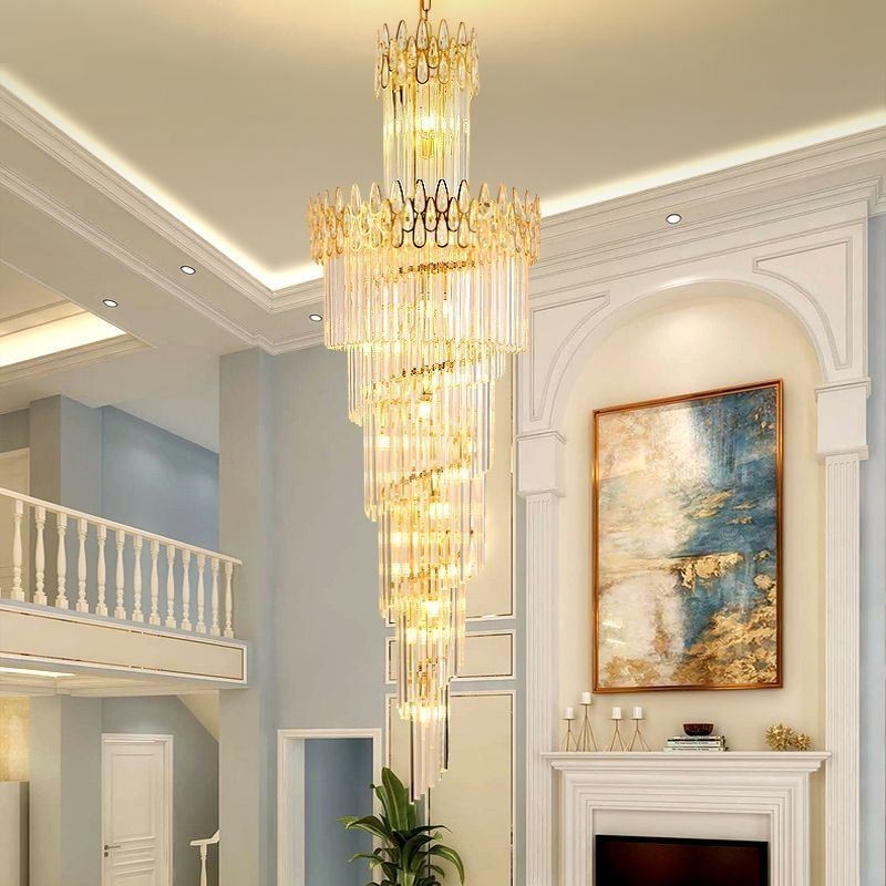 European Crystal High Ceiling Pendant Light Stairs