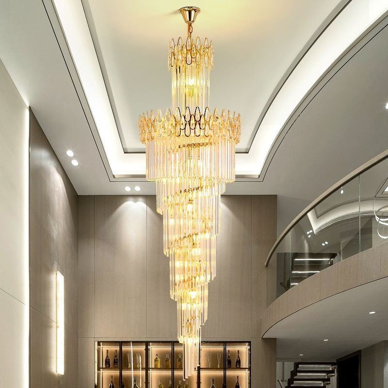 European Crystal High Ceiling Pendant Light Stairs