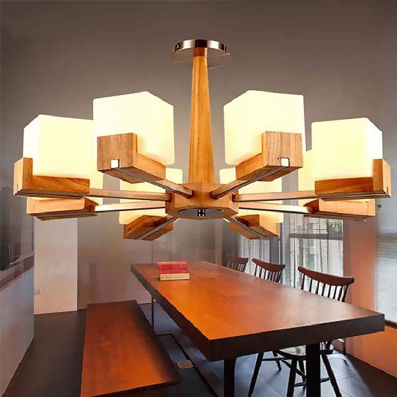 Nordic Wood Pendant Light Glass Lampshade Chandelier